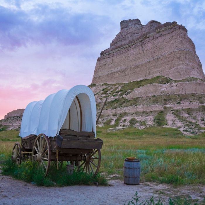 An image of a covered wagon with a mountain in the background.