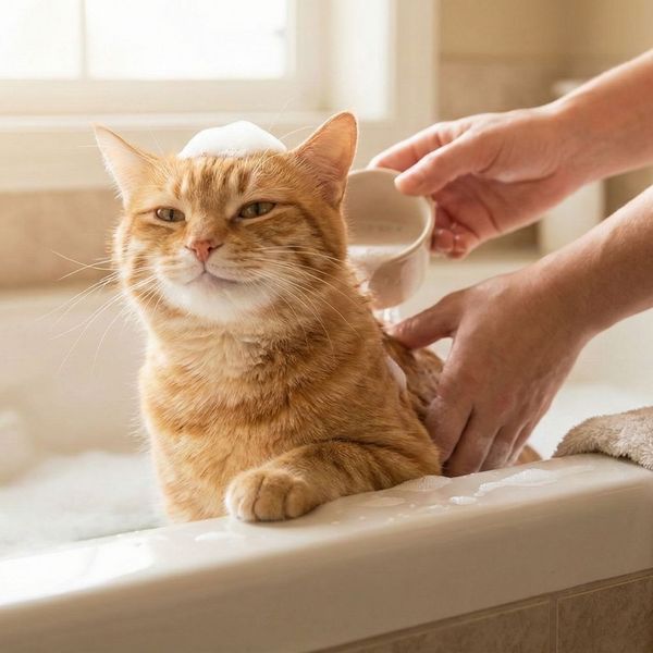 An orange tabby cat looking remarkably calm while water is poured over its head during a bath.