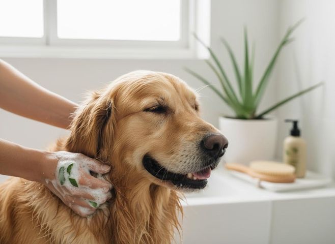 Golden Retriever Enjoying a Bath