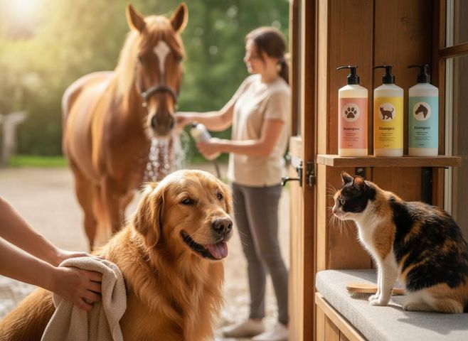 Diverse Pet Grooming Scene with Dog, Horse, and Cat