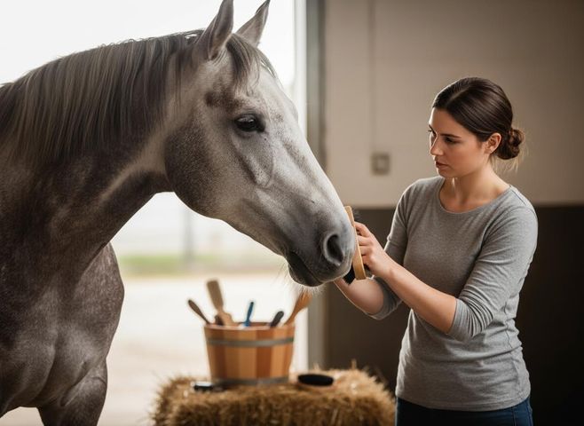 Woman Grooming Gray Horse