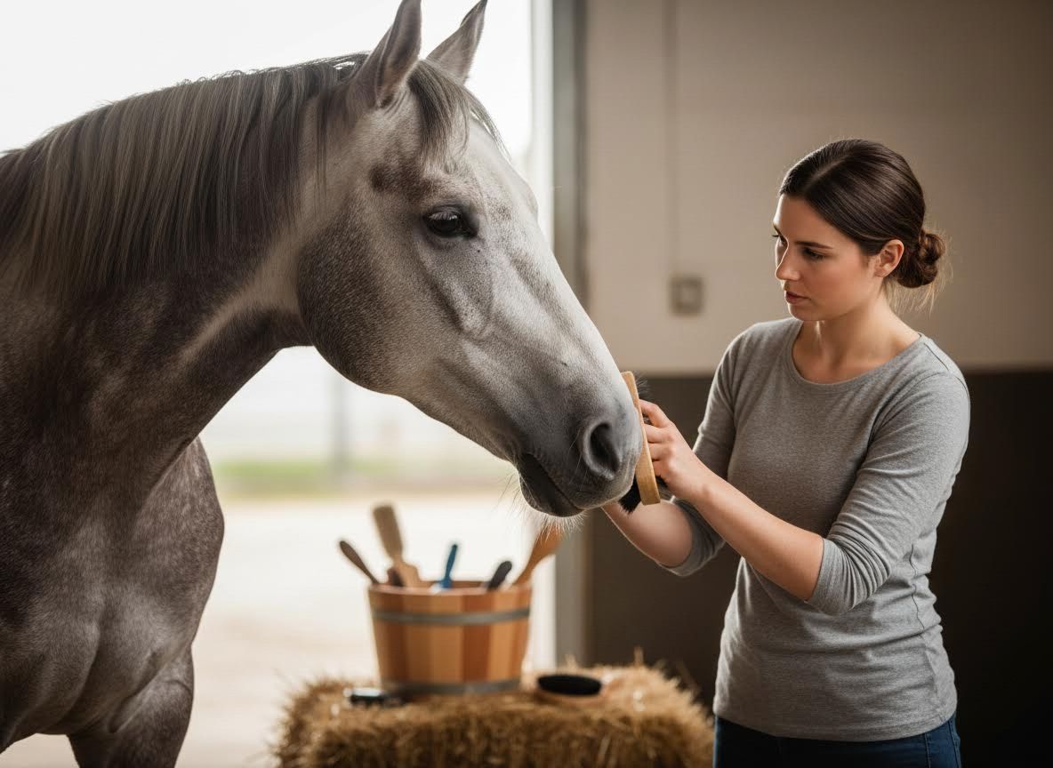 Woman Grooming Gray Horse