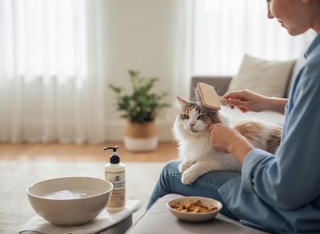 Person Brushing a Fluffy Cat