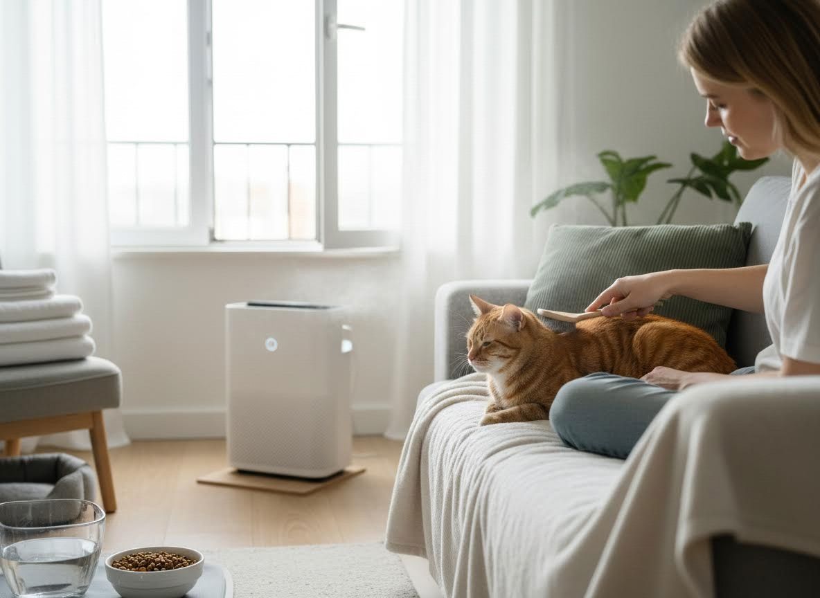 Woman Brushing Cat in Living Room with Air Purifier