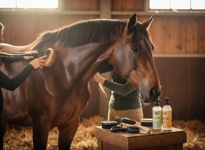 Two people grooming a bay horse in a sunlit barn, with various brushes and grooming products displayed on a wooden crate. Horse grooming with brushes and care products in a barn