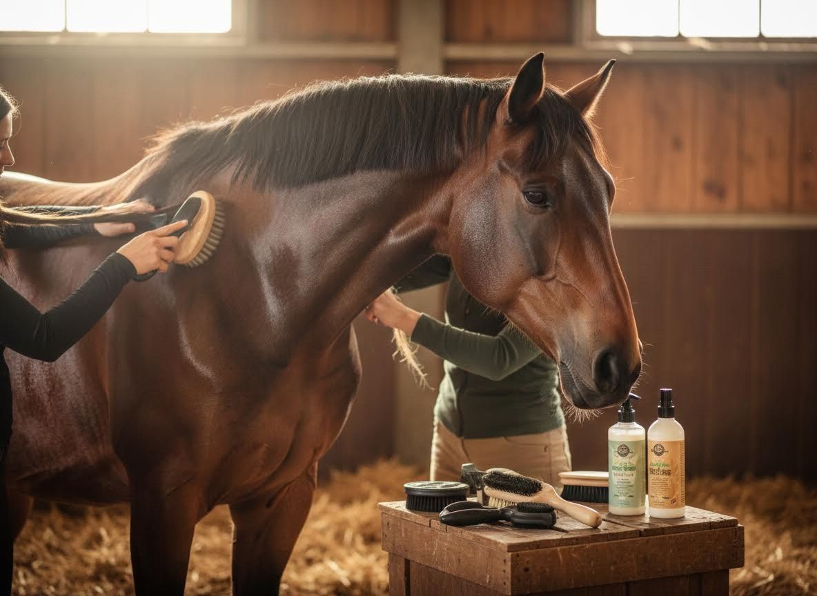 Horse grooming with brushes and care products in a barn