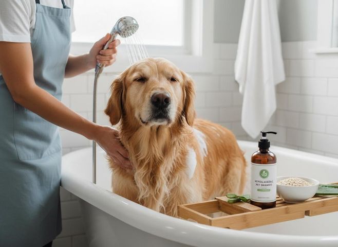 Golden Retriever Bath with Hypoallergenic Pet Shampoo