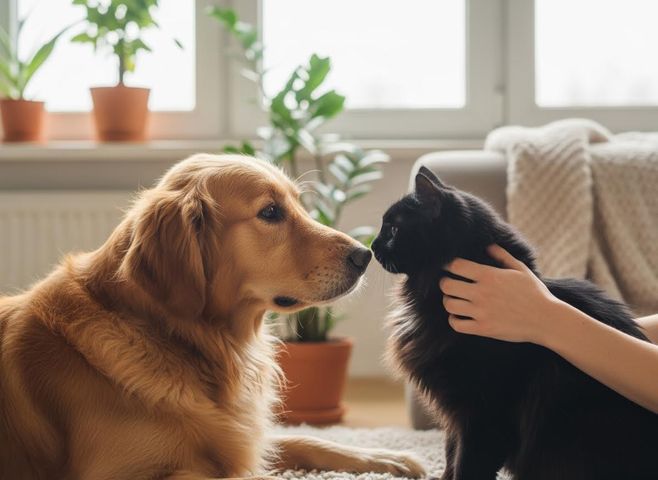 Golden Retriever and Black Cat Nose-to-Nose