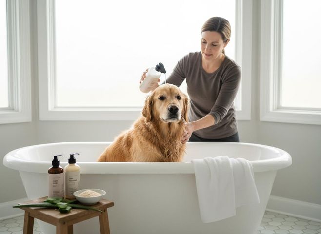 Woman bathing a Golden Retriever in a tub