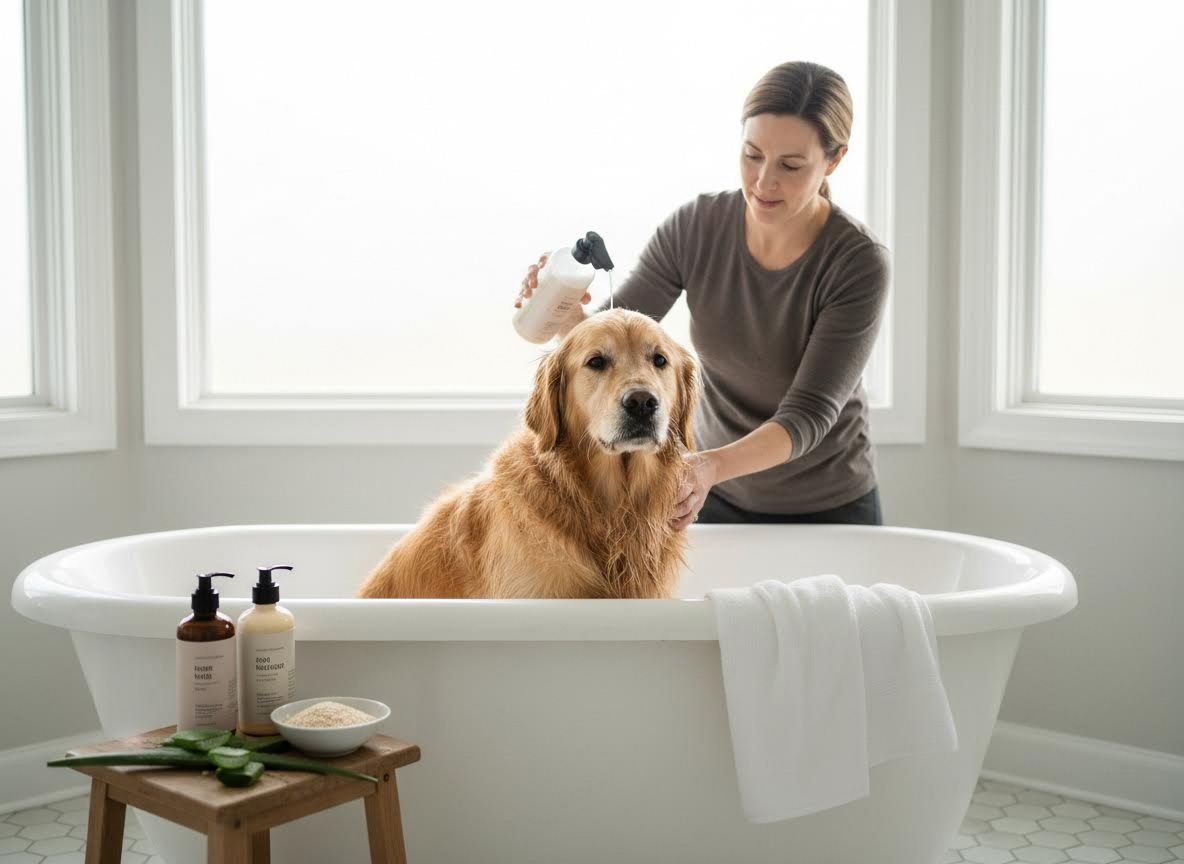 Woman bathing a Golden Retriever in a tub