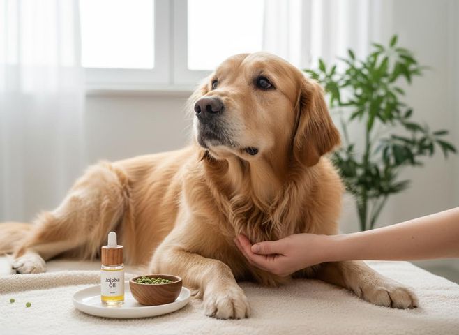 Golden Retriever with Jojoba Oil and Petting Hand