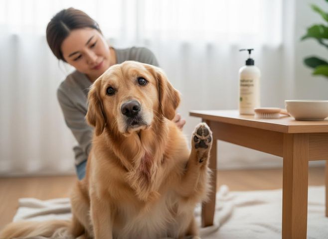 Golden Retriever Waving with Owner and Grooming Supplies