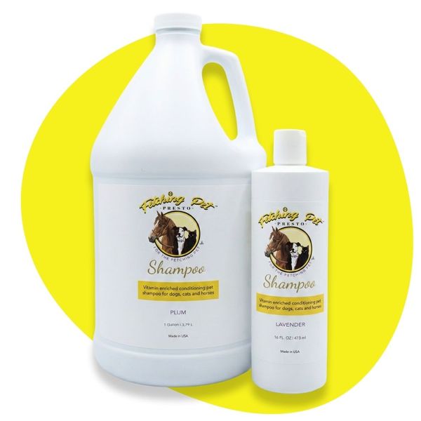 Two white bottles of Fetching Pet shampoo, a gallon jug and a smaller bottle, against a bright yellow circular background.
