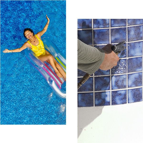 a person fixing tile in a pool