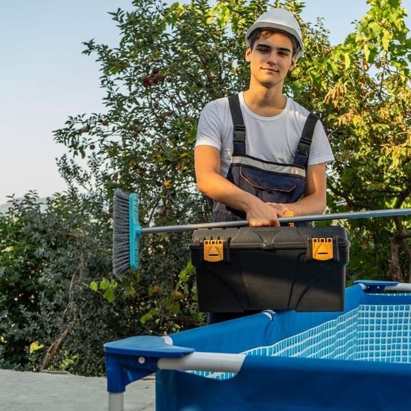 a friendly pool cleaner with a tool box