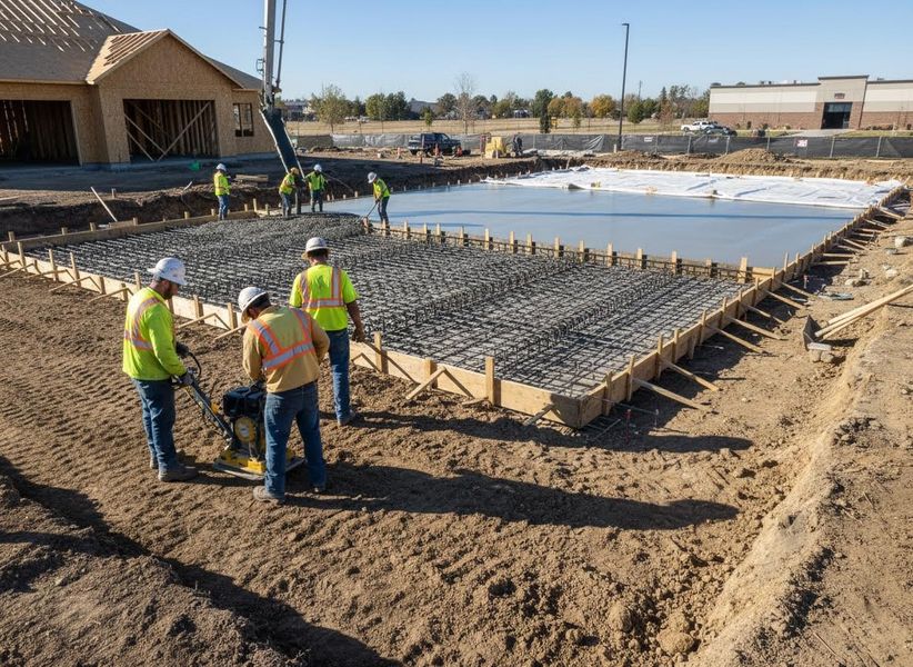 Construction workers pouring concrete foundation