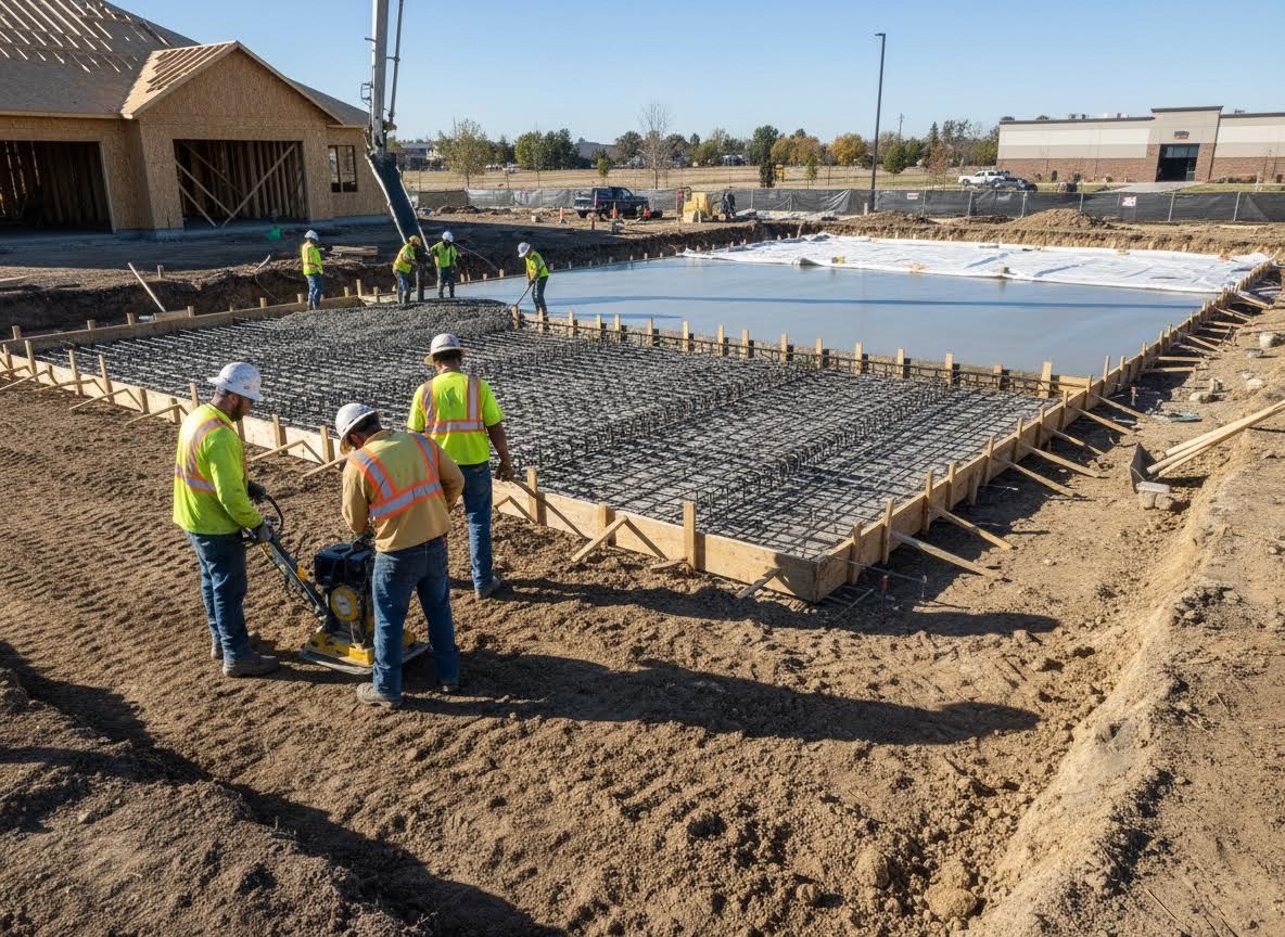 Construction workers pouring concrete foundation