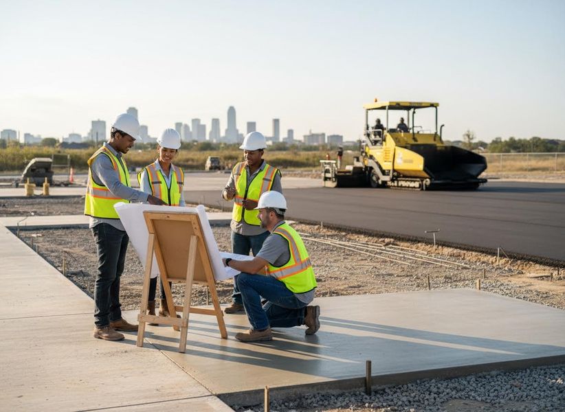 Construction Team Reviewing Blueprints on Site