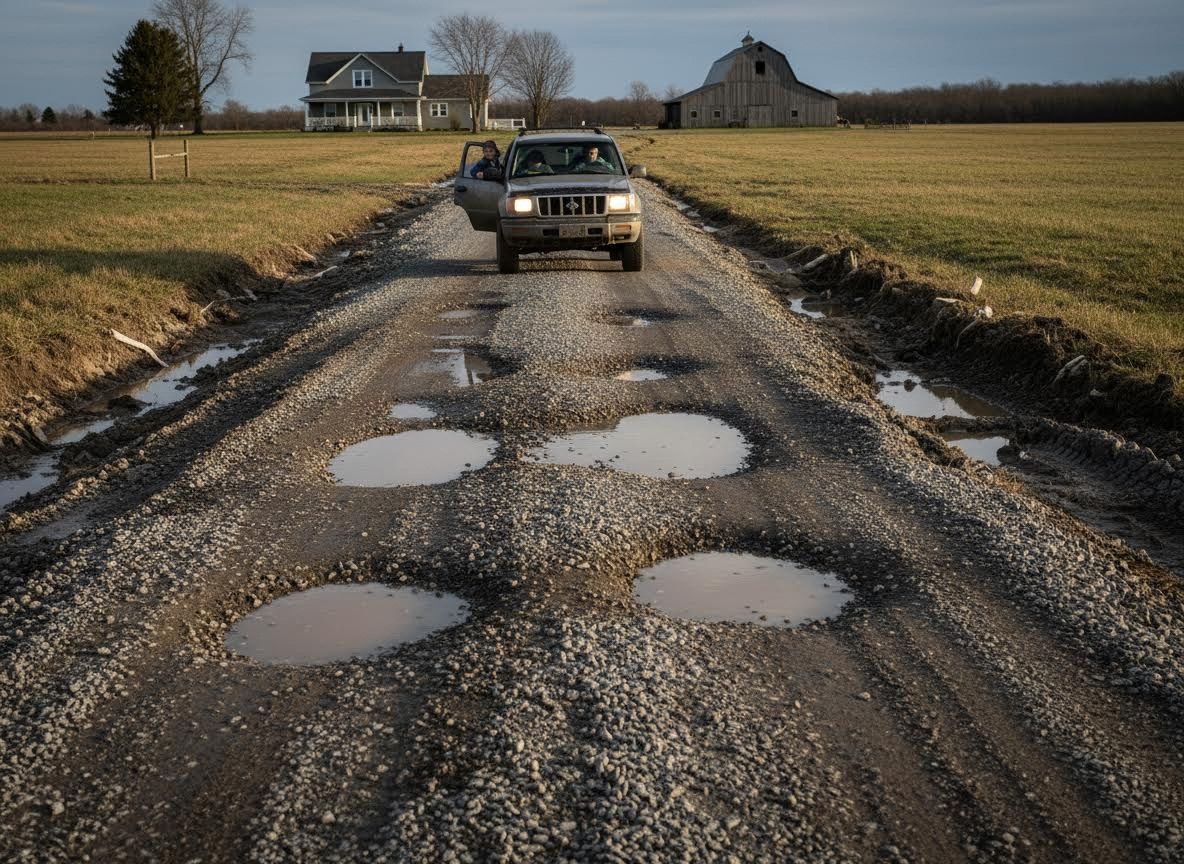 Vehicle on Bumpy Rural Road with Puddles