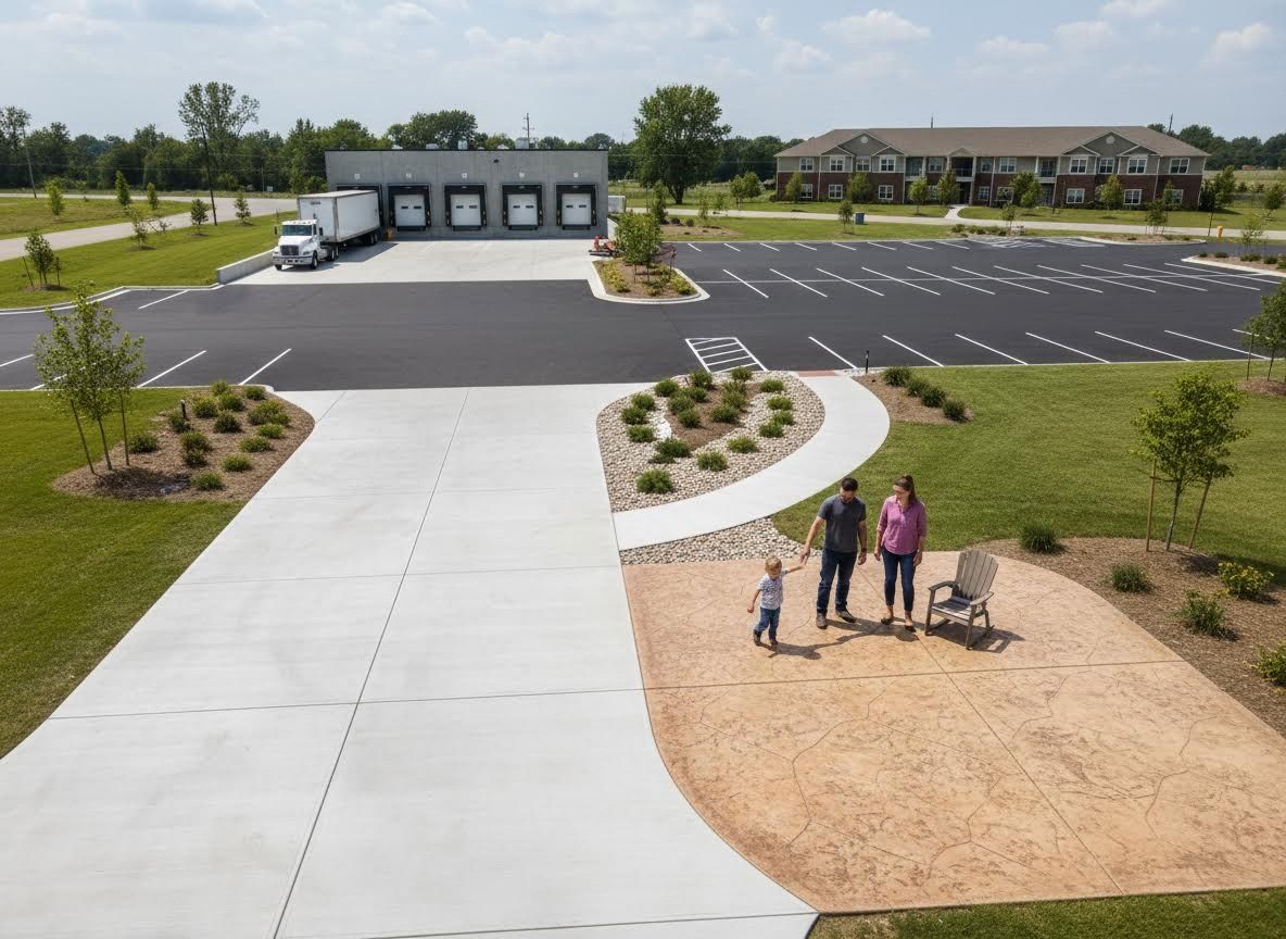 Aerial view of a mixed-use property with a family on a patio