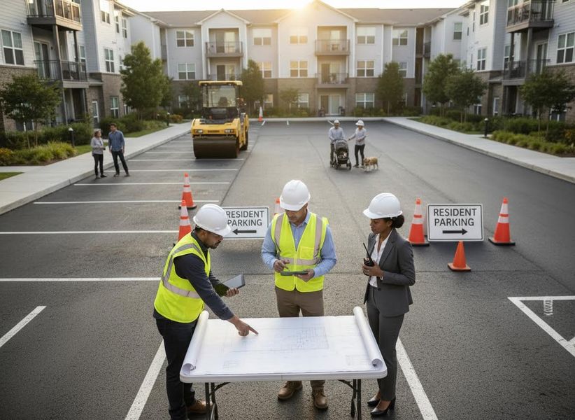 Construction Team Reviewing Plans in Residential Parking Lot
