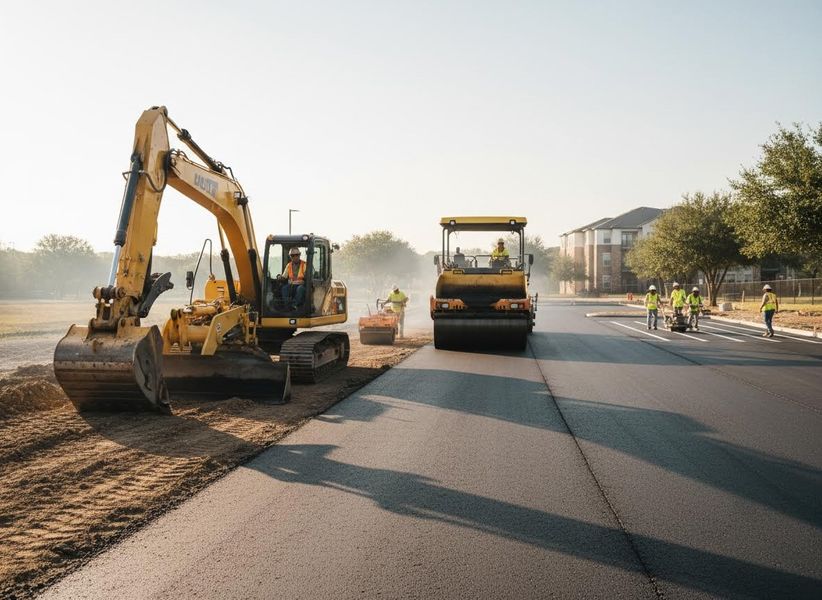 Asphalt Road Paving with Construction Equipment