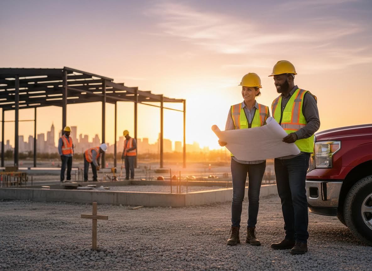 Construction Team Reviewing Blueprints at Sunset