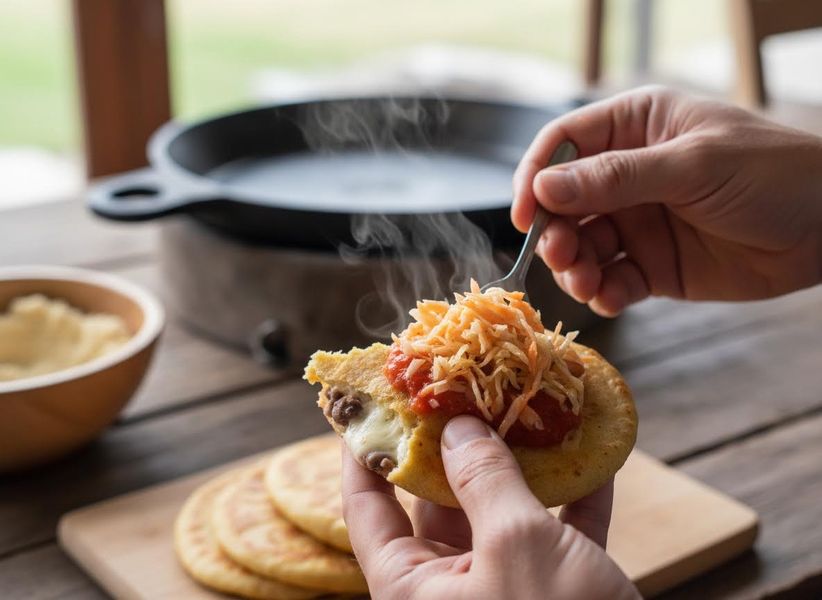 Hands holding a steaming pupusa topped with curtido and salsa