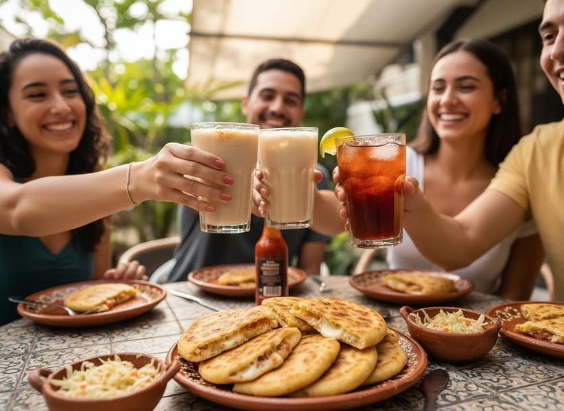 Friends Toasting Drinks with Pupusas at an Outdoor Meal