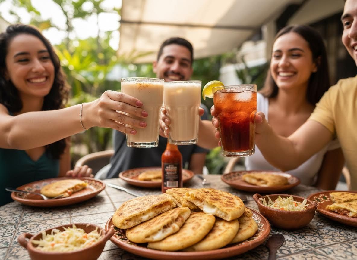 Friends Toasting Drinks with Pupusas at an Outdoor Meal