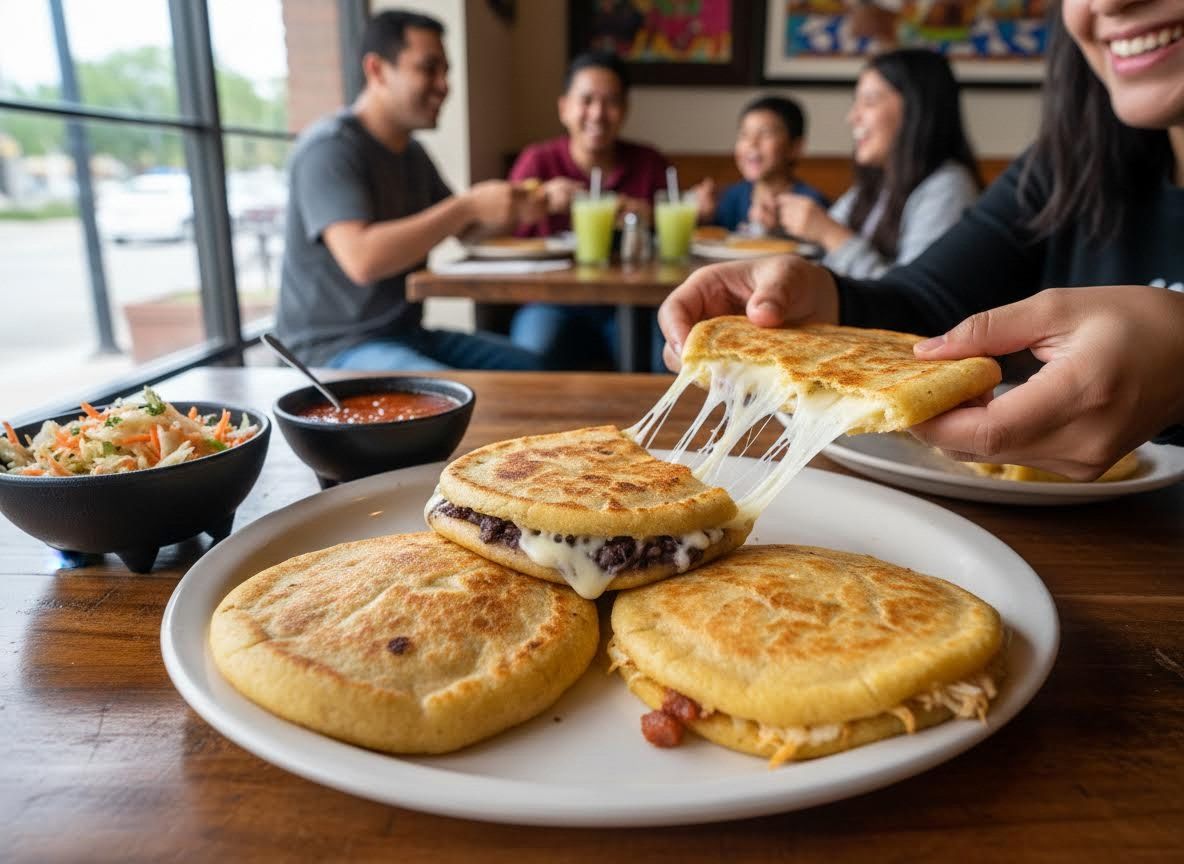 Pupusas with stringy cheese and a family dining at a restaurant
