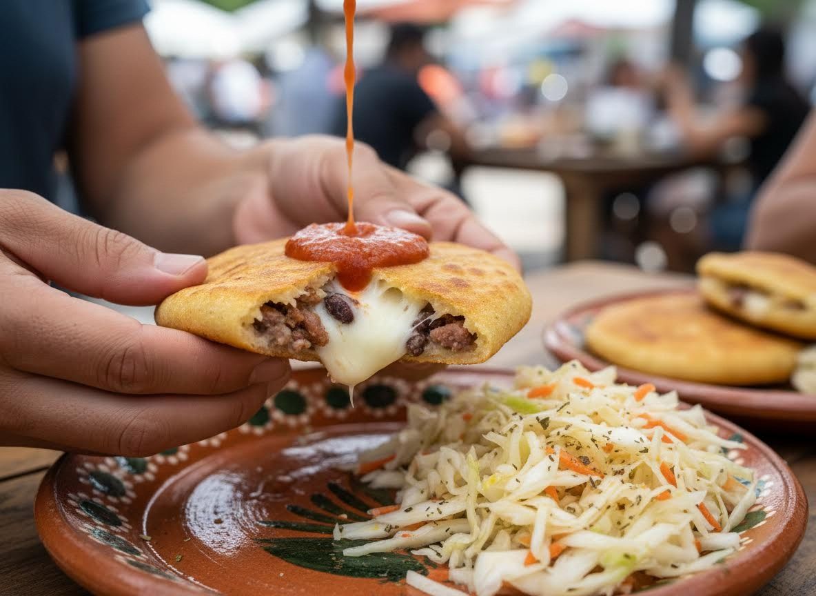 Pupusa with Melted Cheese, Meat, and Red Sauce