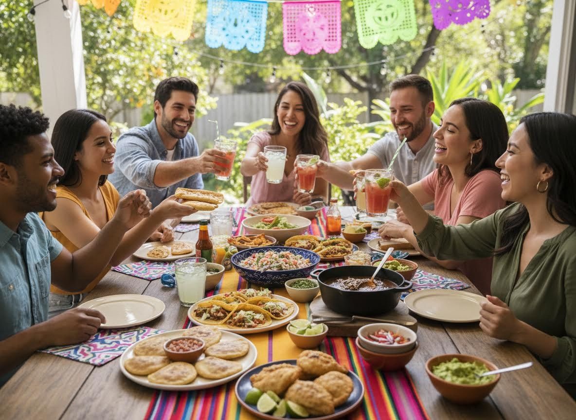 Friends Celebrating with a Mexican Feast Outdoors