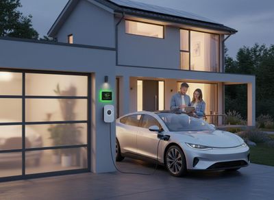 Electric Vehicle Charging at Modern Home with Solar