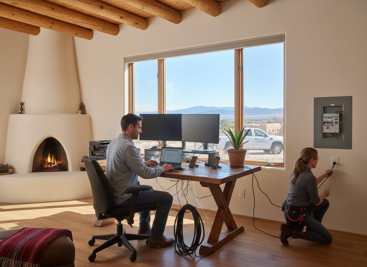 Home office installation with man working and woman wiring