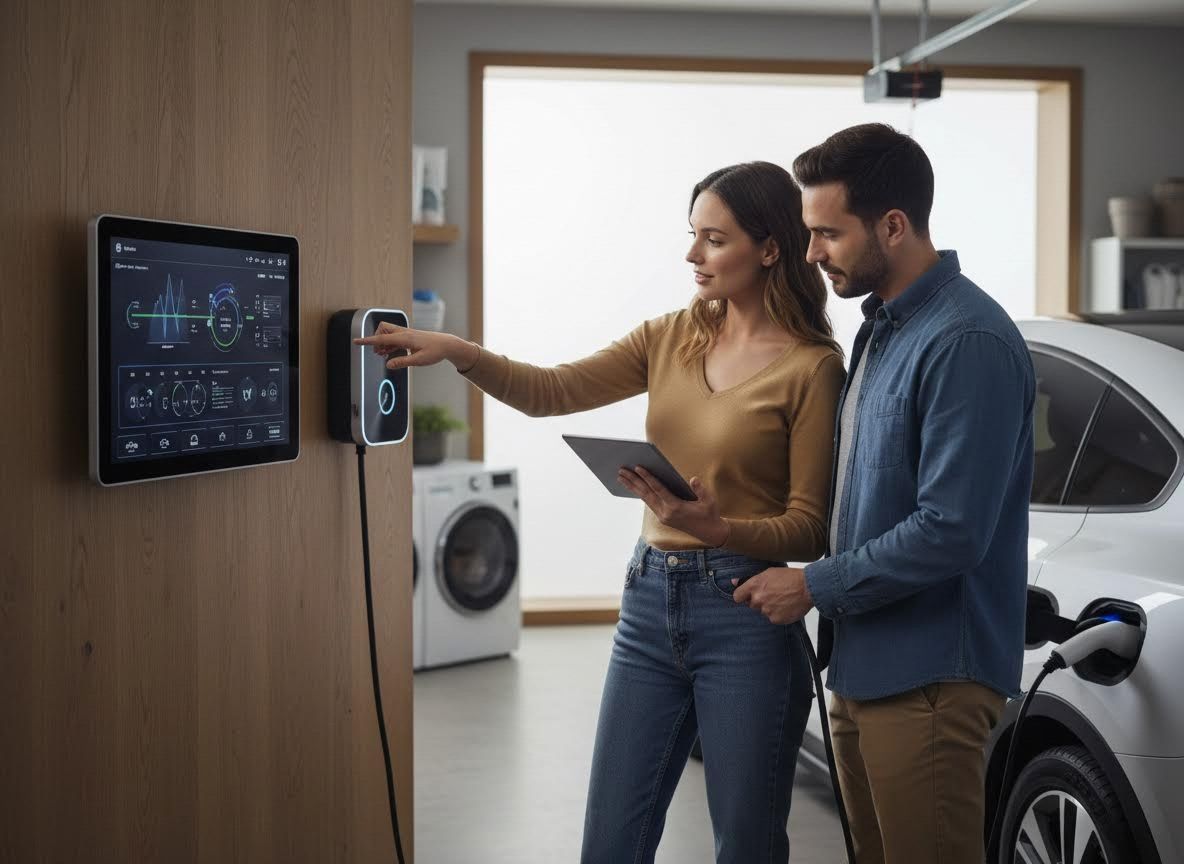 Couple using smart electric vehicle charging station at home