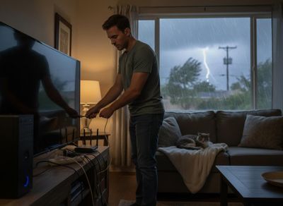 Man unplugging electronics during a thunderstorm