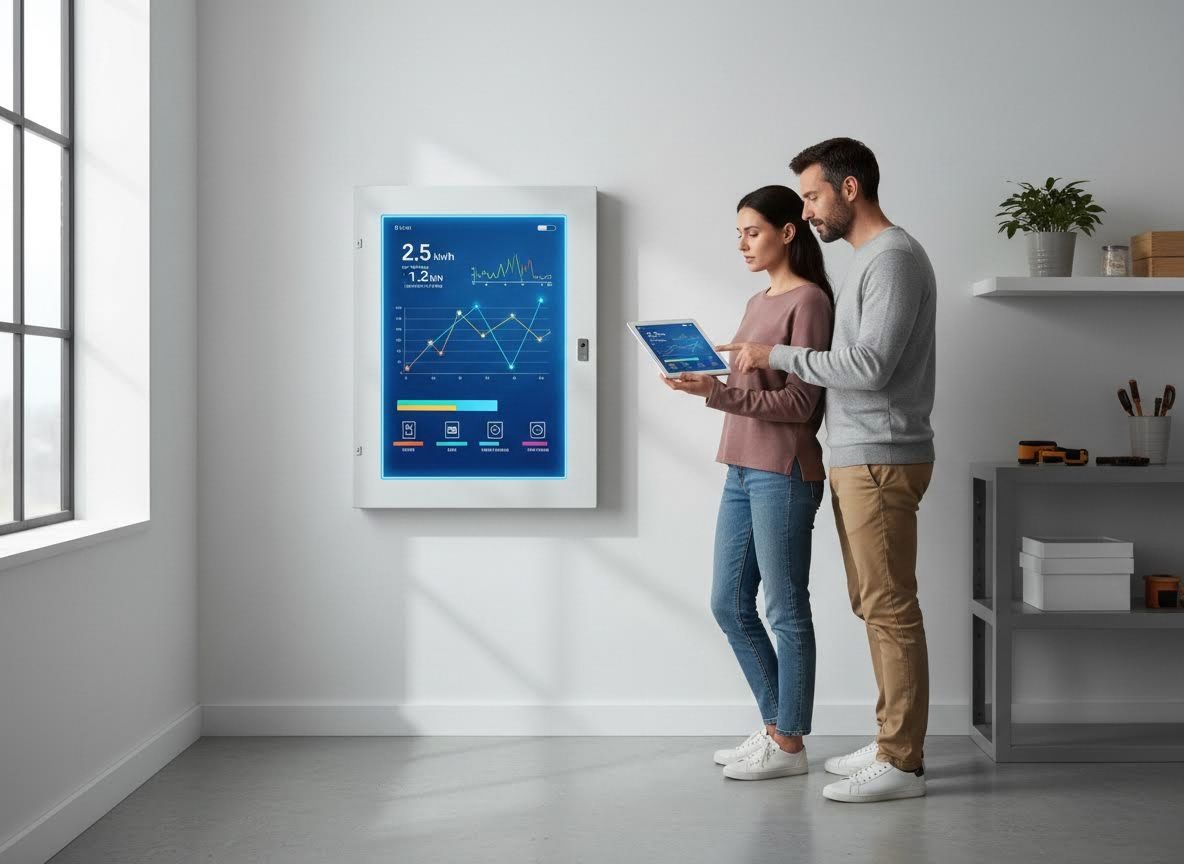 Couple Reviewing Smart Home Energy Data on Tablet and Wall Display