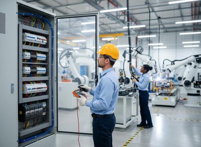 Engineer Inspecting Electrical Control Panel