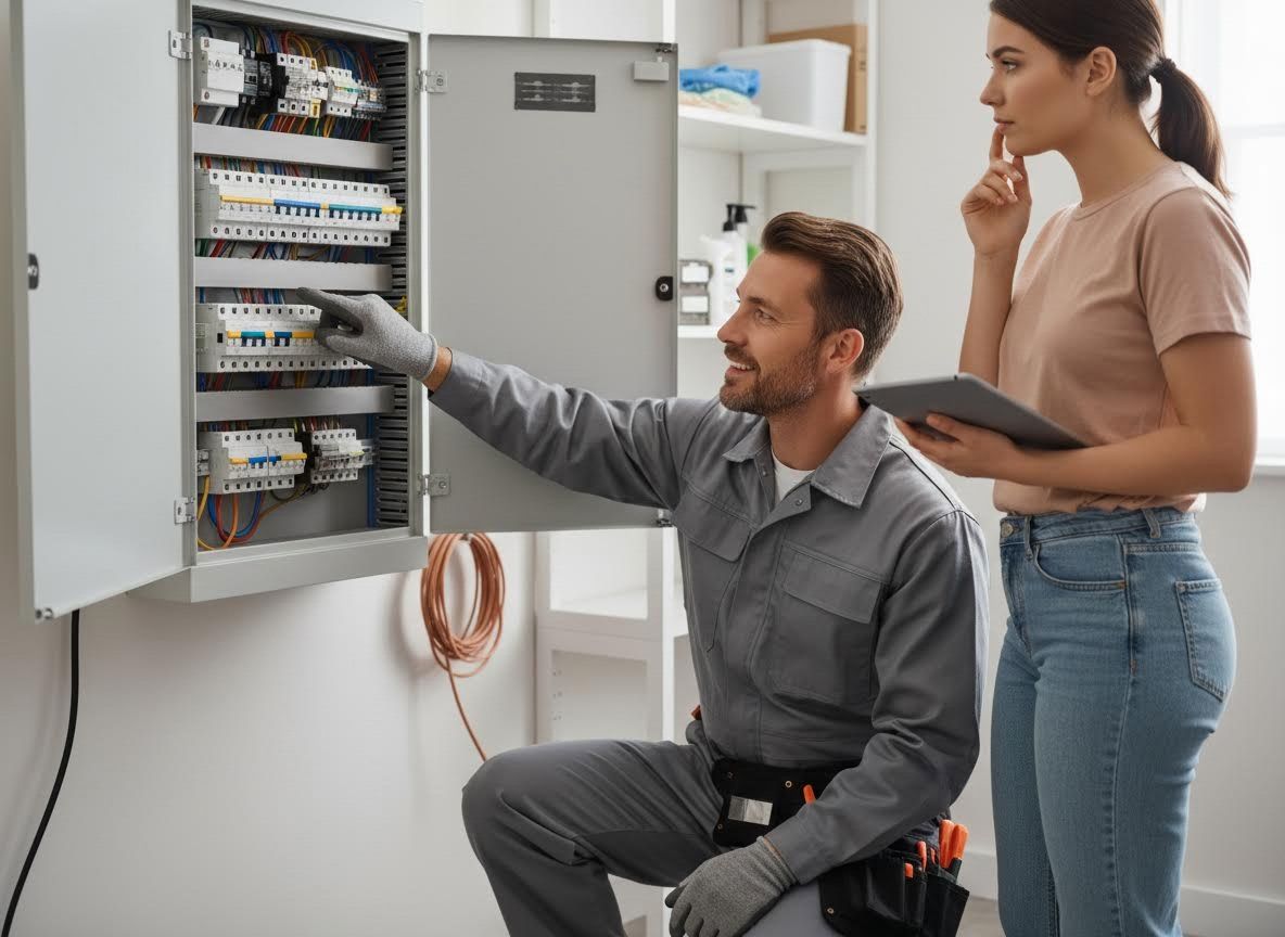 Electrician and Homeowner Inspecting Electrical Panel