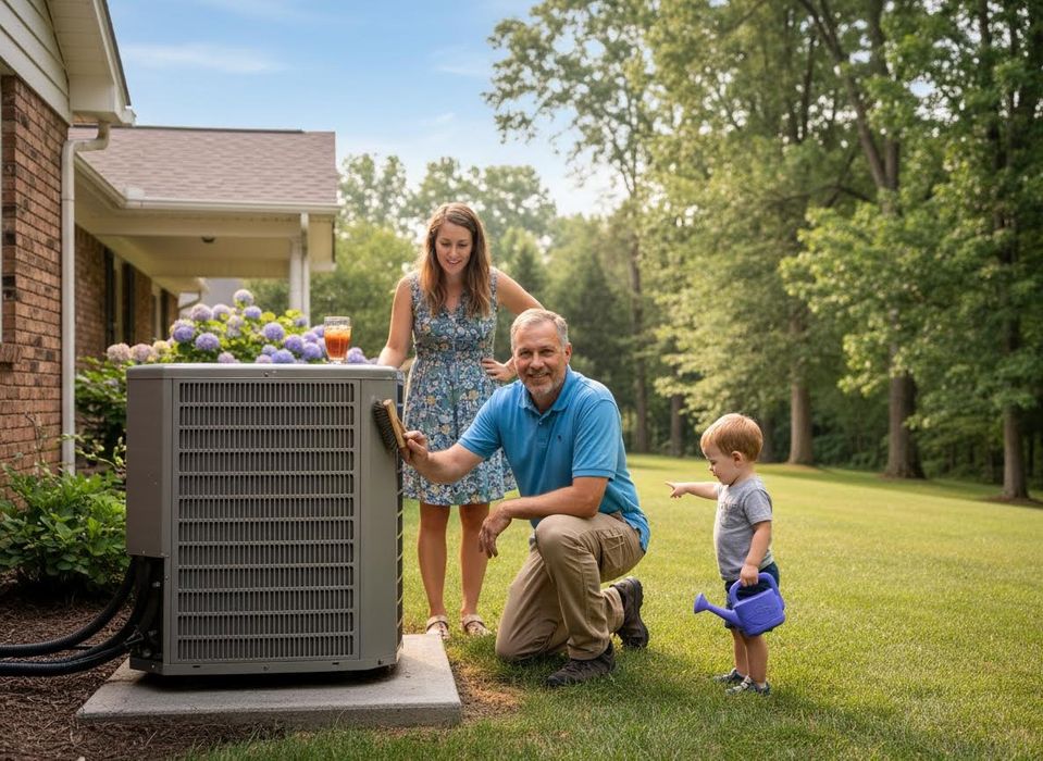 A family cleans their outdoor air conditioning unit in a sunny backyard. Father brushes, mother smiles, and a child points with a watering can. Family Maintaining Outdoor AC Unit