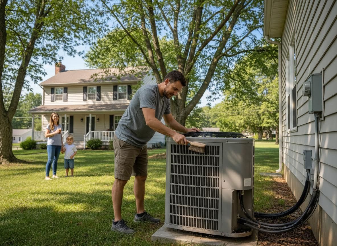 Man cleaning outdoor AC unit with brush