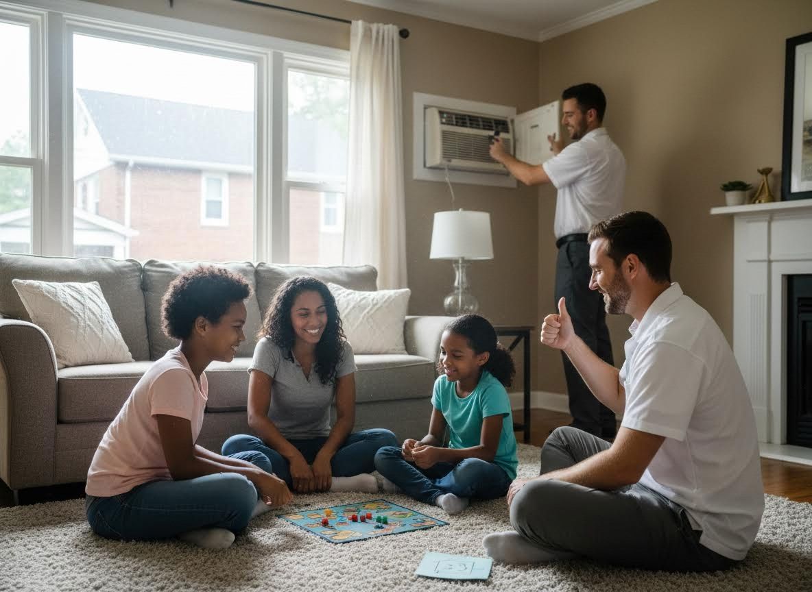 Family playing board game while AC is serviced