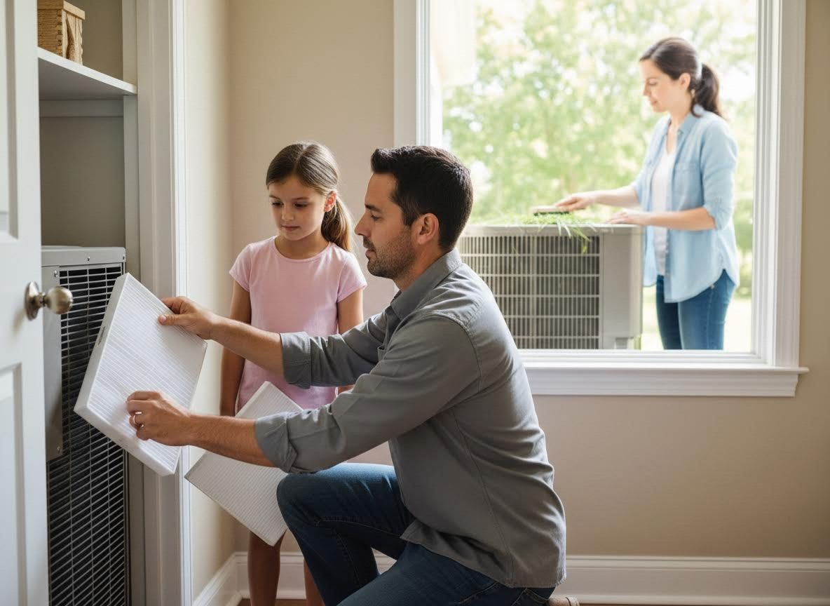 Family performing home HVAC maintenance and air conditioner cleaning