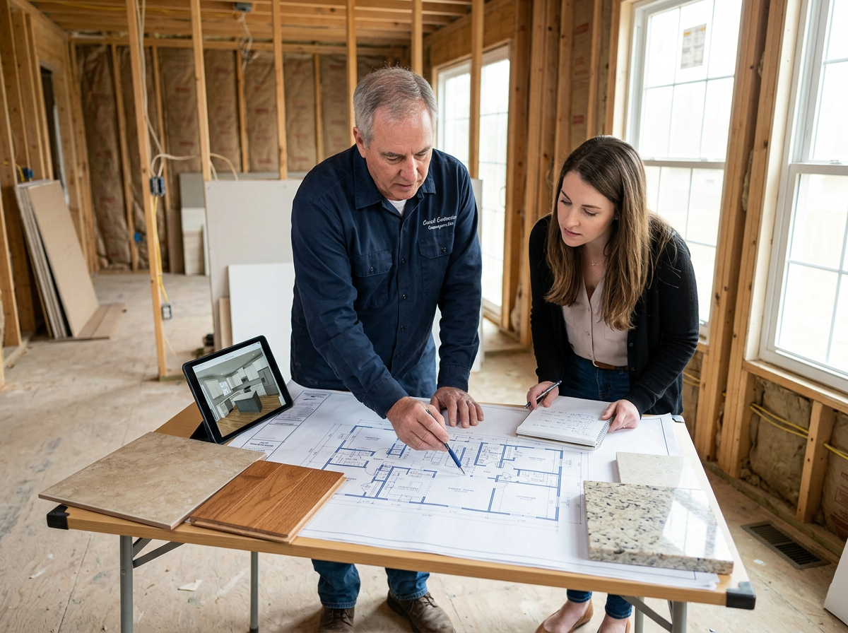 A contractor and client examine blueprints, material samples, and a digital rendering on a tablet at a new home construction site. Builder and client review home construction plans and materials