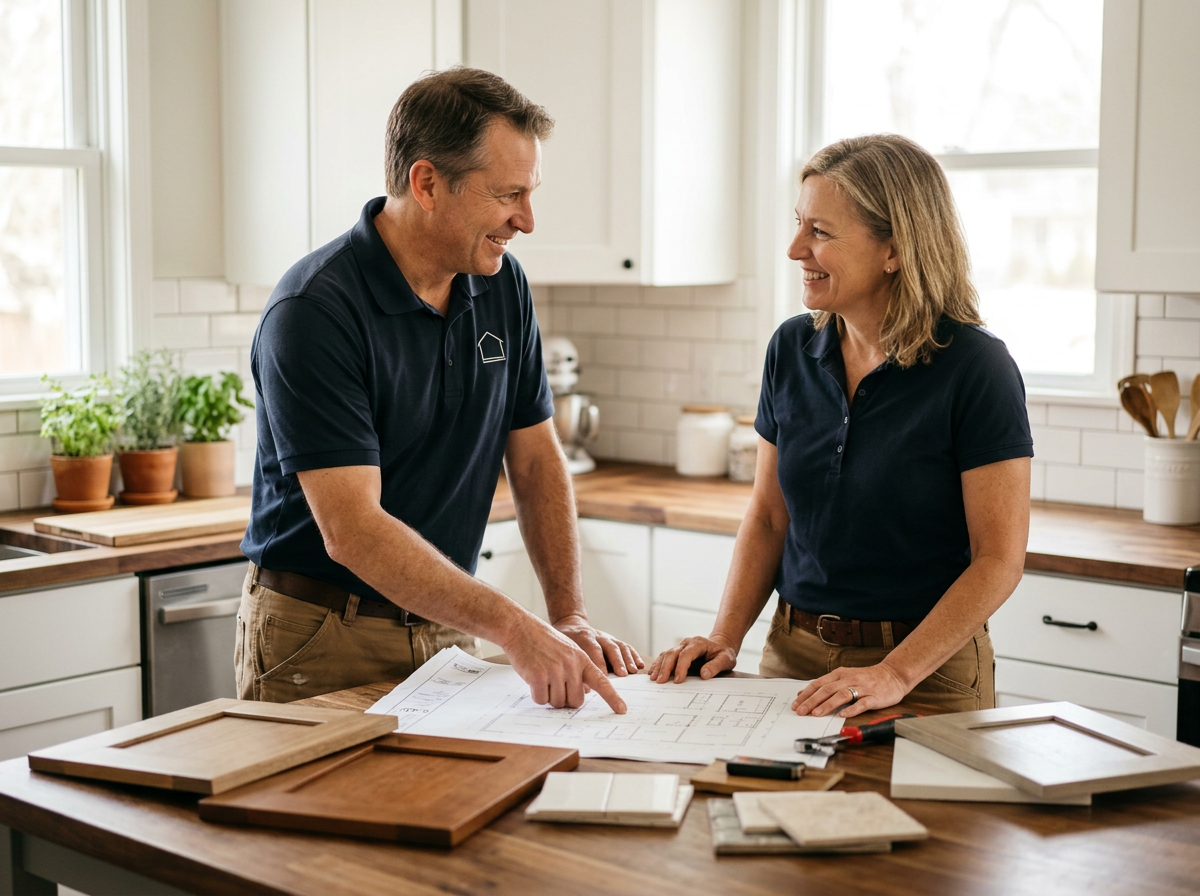 Two smiling renovation professionals review kitchen design blueprints and cabinet samples in a modern kitchen, discussing plans. Kitchen Design Consultation with Home Renovation Professionals