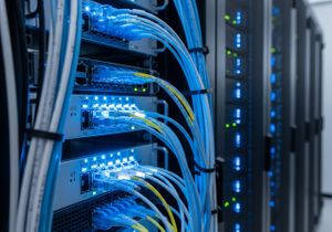 Neatly organized blue and white fiber optic cables connected to a modern server rack in a professional data center. Neatly organized blue and white fiber optic cables connected to a modern server rack in a professional data center.