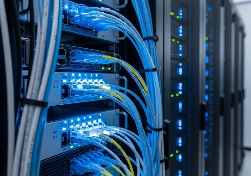 Neatly organized blue and white fiber optic cables connected to a modern server rack in a professional data center.