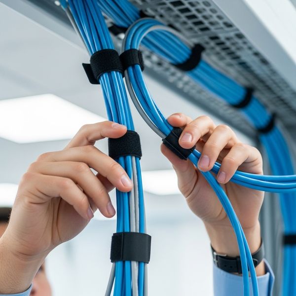 Close-up of professional network cable wiring being installed in a commercial building.