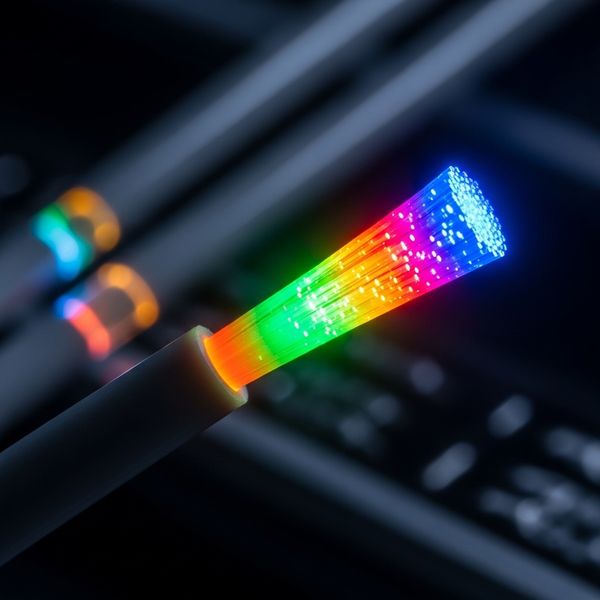 Macro view of a fiber optic cable end glowing with light for high-speed data.